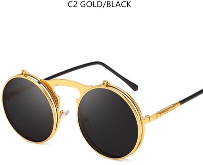 Flip Up Steampunk Zonnebril Mannen Retro Metalen Frame Ronde Zonnebril Vrouwen Mannen Punk Stijl Sunglass UV400 goud zwart