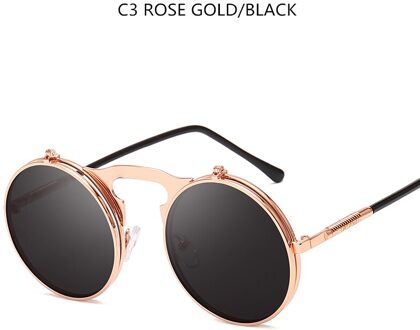 Flip Up Steampunk Zonnebril Mannen Retro Metalen Frame Ronde Zonnebril Vrouwen Mannen Punk Stijl Sunglass UV400 roos Dold zwart