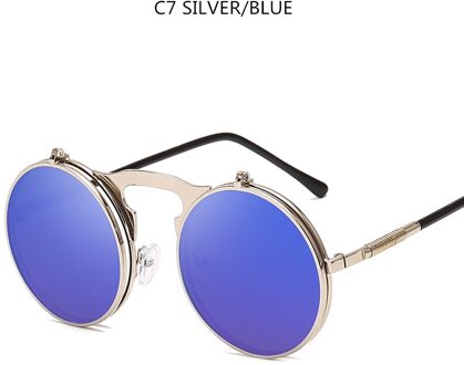 Flip Up Steampunk Zonnebril Mannen Retro Metalen Frame Ronde Zonnebril Vrouwen Mannen Punk Stijl Sunglass UV400 zilver blauw