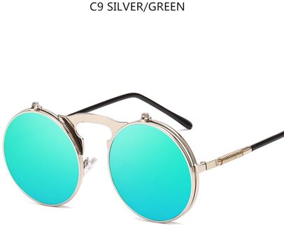 Flip Up Steampunk Zonnebril Mannen Retro Metalen Frame Ronde Zonnebril Vrouwen Mannen Punk Stijl Sunglass UV400 zilver groen