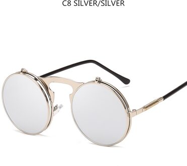 Flip Up Steampunk Zonnebril Mannen Retro Metalen Frame Ronde Zonnebril Vrouwen Mannen Punk Stijl Sunglass UV400 zilver zilver