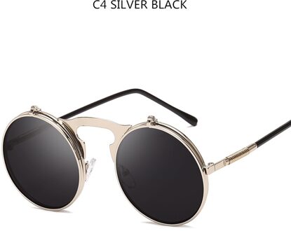 Flip Up Steampunk Zonnebril Mannen Retro Metalen Frame Ronde Zonnebril Vrouwen Mannen Punk Stijl Sunglass UV400 zilver zwart