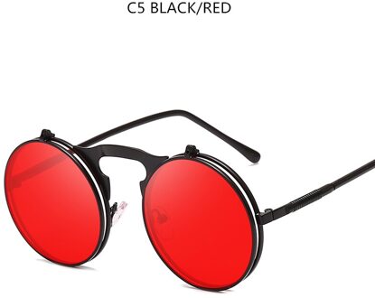 Flip Up Steampunk Zonnebril Mannen Retro Metalen Frame Ronde Zonnebril Vrouwen Mannen Punk Stijl Sunglass UV400 zwart rood