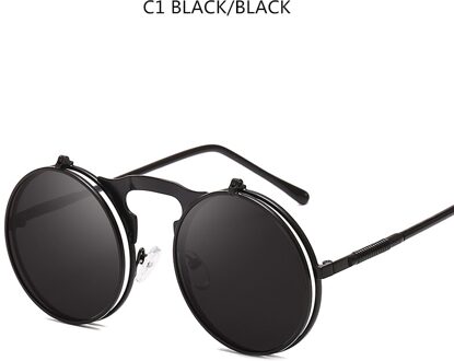 Flip Up Steampunk Zonnebril Mannen Retro Metalen Frame Ronde Zonnebril Vrouwen Mannen Punk Stijl Sunglass UV400 zwart zwart