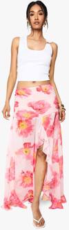 Floraal Chiffon Ruffled Split-Leg Maxi Rok, Pink - 38