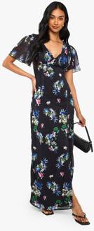 Floraal Engelmouw Chiffon Diepe V-Hals Maxi-Jurk, Black - 36