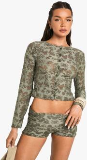 Floraal Jacquard Top Met Knoopsluiting Op Lange Mouwen, Khaki - 42