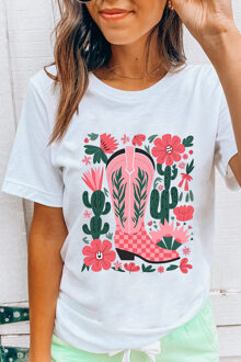 Floral Cactus Boot Graphic T-shirt - maat L Ivoor