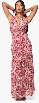 Floral Chiffon Jurk Met Geplooide, Verlaagde Zoom En Maxi-Lengte, Pink - 42