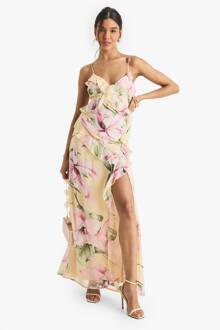 Floral Crinkle Chiffon Ruffle Maxi Jurk, Lemon - 36