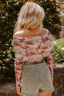 Floral Mesh Top Offshoulder Lange Mouwen Lichtgrijs