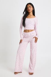 Floral Print Soft Rib Long Sleeve Top & Pants Pyjama Set, White - 40