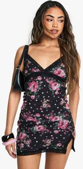 Floral Printed Mesh Lace Trim Split Mini Skirt Wordt Minirok Met Bloemenprint, Mesh En Kanten Afwerking En Split, Black - 42