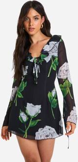 Florale Chiffon Ruffle Shift Jurk, Black - 36