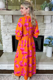 Florale Maxi jurk met Geraffineerde Taille Oranje