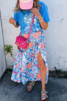 Florale Maxi Rok Met Zijsplit Lichtblauw