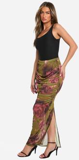 Florale Mesh Maxi-Rok Met Ruché Details, Olive - 34