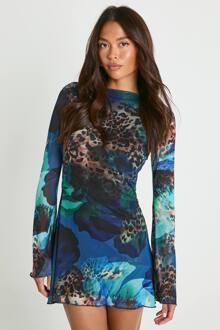 Florale Mesh Minijurk Met Uitlopende Mouwen, Cobalt - 40