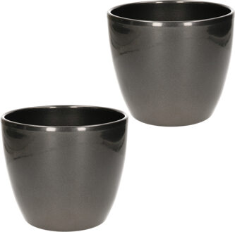 Floran 2x stuks bloempot glanzend zilver metallic keramiek voor kamerplant H15 x D17.5 cm - Plantenpotten Zilverkleurig