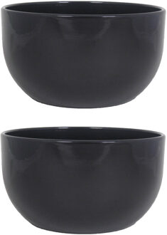 Floran 2x stuks bloempot schaal glanzend zwart keramiek voor kamerplant H14 x D26 cm