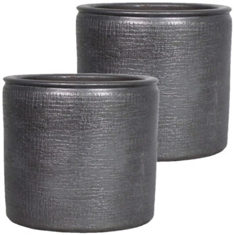 Floran 2x stuks bloempotten/plantenpotten van keramiek in het industrieel zwart D14 en H12 cm