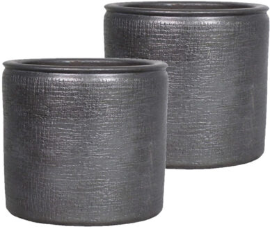 Floran 2x stuks bloempotten/plantenpotten van keramiek in het industrieel zwart D18 en H16 cm