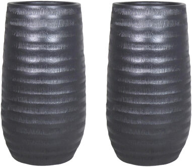 Floran Bloemenvaas - 2x - zwart - mat - keramiek - geribbeld - H50 x D26 cm
