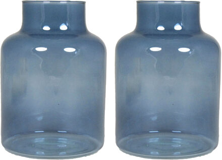 Floran Bloemenvaas Milan - 2x - transparant blauw glas - D15 x H20 cm - melkbus vaas met smalle hals