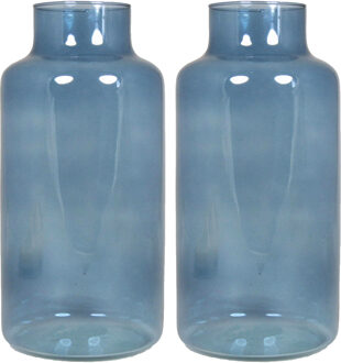 Floran Bloemenvaas Milan - 2x - transparant blauw glas - D15 x H30 cm - melkbus vaas met smalle hals