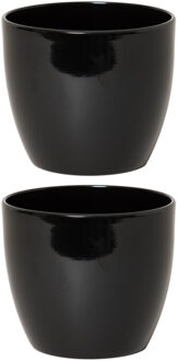 Floran Bloempot - 2x stuks - zwart - glanzend - keramiek - 22 x 19 cm