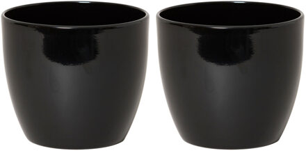 Floran Bloempot - 2x stuks - zwart - glanzend - keramiek - 32 x 27 cm