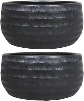 Floran Bloempot Lena - 2x - zwart - mat - ribbel - keramiek - 29 x 14 cm