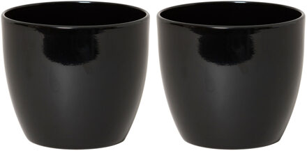 Floran Bloempot/plantenpot Boule - 2x stuks - zwart - glans - keramiek - 15 x 13 cm