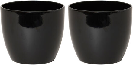 Floran Bloempot/plantenpot Boule - Set van 2x stuks - zwart - glans - keramiek - 25 x 22 cm