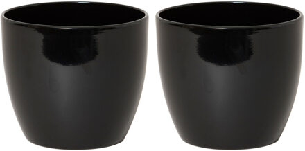 Floran Bloempot/plantenpot Boule - Set van 2x stuks - zwart - glans - keramiek - 28 x 25 cm