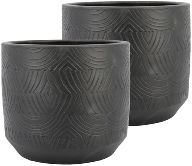 Floran Bloempot/plantenpot Loule - 2x - relief - antraciet - voor kamerplant - D23 x H21 cm