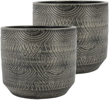 Floran Bloempot/plantenpot Loule - 2x - relief - grijs - voor kamerplant - D23 x H21 cm