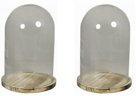 Floran Glazen woondecoratie stolp - 2x - op plateau - 22 x 30 cm - glas/hout