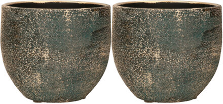 Floran Luxe plantenpot/bloempot Madeira - Set van 2x stuks - blauw/goud - keramiek - 14 cm
