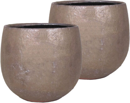 Floran Set van 2x stuks bloempot/plantenpot schaal van keramiek glanzend brons kleur motief D14/11.5 cm en - Plantenpotten Bruin