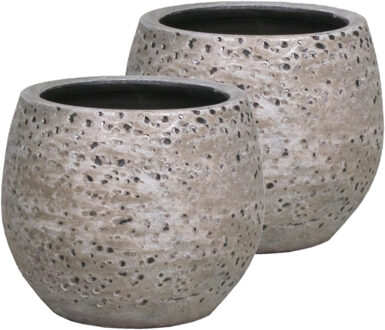 Floran Set van 3x stuks bloempot/plantenpot van keramiek in een industrieel lava beige ribbel motief met diameter 16 cm en hoogte 14 cm -  Binnen gebruik