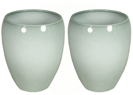 Floran Vaas - 2x stuks - misty groen - glanzend - keramiek - 16 x 19 cm - bloemenvaas