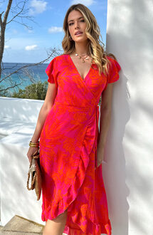 Flower Jurk Midi Fuchsia Oranje Roze