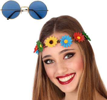 Flower Power verkleed accessoires dames - Bloemen hoofdband - Hippie bril ronde glazen in het blauw