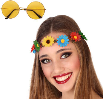 Flower Power verkleed accessoires dames - Bloemen hoofdband - Hippie bril ronde glazen in het geel
