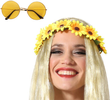 Flower Power verkleed accessoires dames - Bloemen hoofdband - Hippie bril ronde glazen in het geel