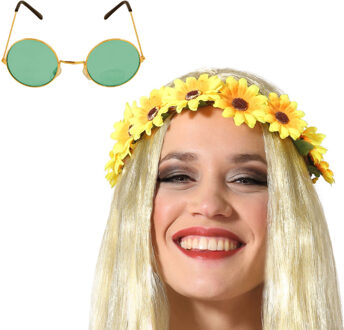 Flower Power verkleed accessoires dames - Bloemen hoofdband - Hippie bril ronde glazen in het groen