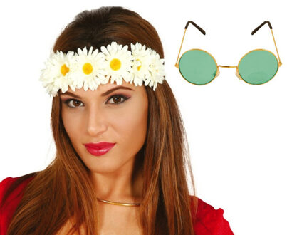 Flower Power verkleed accessoires dames - Bloemen hoofdband - Hippie bril ronde glazen in het groen