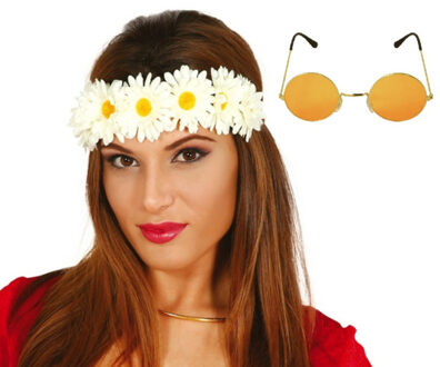 Flower Power verkleed accessoires dames - Bloemen hoofdband - Hippie bril ronde glazen in het oranje