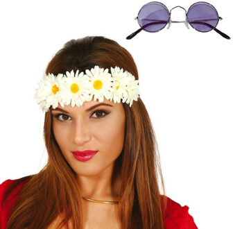 Flower Power verkleed accessoires dames - Bloemen hoofdband - Hippie bril ronde glazen in het paars